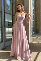 Pink Chiffon Long Simple Prom Dress, A-Line Spaghetti Strap Evening Dress