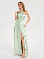 Thin shoulder strap slit backless soft satin and floor length bridesmaid dress