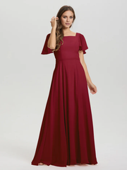 A-line square collar ruffled short sleeved and ground chiffon/ground length bridesmaid dress