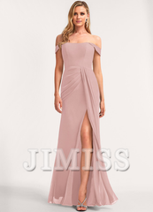 A-line off-the-shoulder floor-length chiffon bridesmaid dress