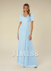 A-line short sleeve pleated mesh floor-length mother of the bride dress