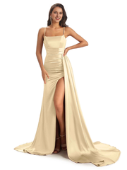 Sexy and soft satin side slit thin shoulder strap long fish tail bridesmaid dress