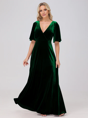 A-line V-neck short sleeved velvet and floor length bridesmaid dress
