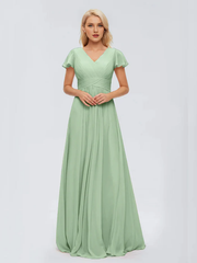 A-line V-neck chiffon and floor length bridesmaid dress