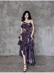 A-line Spaghetti Straps Irregular Ruffled Grape formal dresses Bridesmaid Dresses evening gown Prom Dress