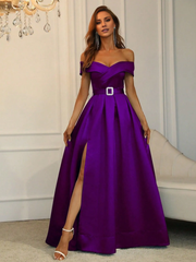 Off shoulder buckle strap satin and floor length formal dress