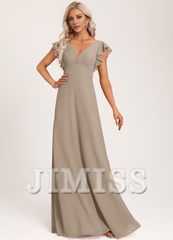 Ruffled A-line V-neck Floor-length Chiffon Bridesmaids Dress