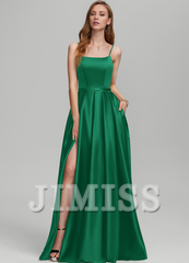 A-Line Square Floor Length Satin Bridesmaids Dress