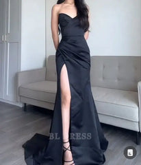 Sheath Sweetheart Slit Black Satin formal dresses Bridesmaid Dresses evening gown Prom Dress