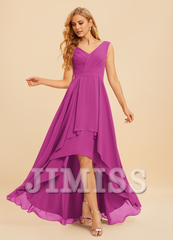 A-Line V-Neck Asymmetric Ruffle Chiffon Bridesmaids Dress