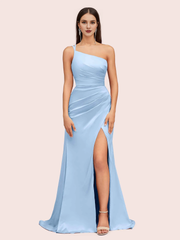 one shoulder bridesmaid dresses soft satin marmaid dress for wedding guest with side slit