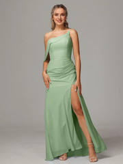 One shoulder off shoulder chiffon and floor length bridesmaid dress