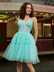 Tight corset top, sheer layered short Homecoming dress