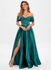 A-line pleated off-the-shoulder floor-length satin prom dress