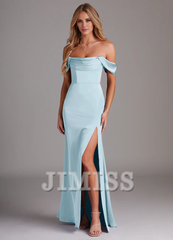 Off Shoulder Side Split Satin and Floor length Bridesmaid Dress - Jimiss Dress