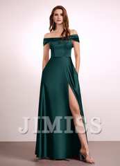 A-Line Off-The-Shoulder Floor-Length Satin Bridesmaids Dress