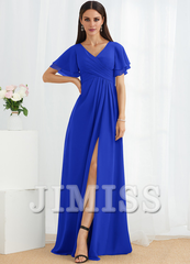 A-line V-neck floor-length chiffon bridesmaid dress