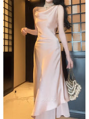 A Line Spaghetti Straps Silk Satin Pink formal dresses Bridesmaid Dresses evening gown Prom Dress
