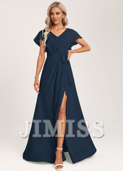 Ruffled A-line V-neck Floor-length Chiffon Bridesmaids Dress
