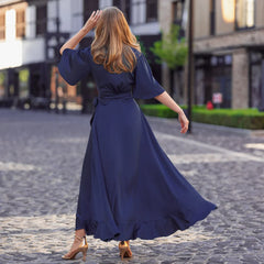 Jimiss short sleeved V-neck asymmetrical skirt with side slit long evening dress