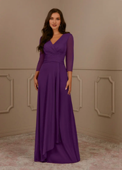A-line V-neck pleated mesh and floor length mother of the bride dress