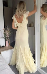 Sheath V Neck Ruffled Long Yellow formal dresses Bridesmaid Dresses evening gown Prom Dress