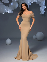Mermaid off shoulder collar backless and floor length formal dress