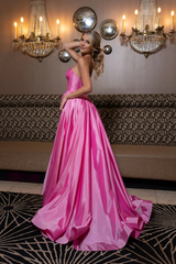 A-line V-neck off shoulder side slit and floor length evening gown
