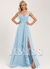 Ruffled A-line V-neck Floor-length Chiffon Bridesmaids Dress