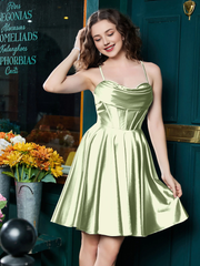 Thin shoulder strap tied with  satin mini Homecoming dress