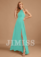 A-line high neck floor length chiffon bridesmaid dress
