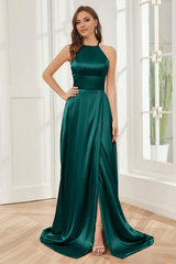 Column neck hanging soft satin and floor length bridesmaid dress