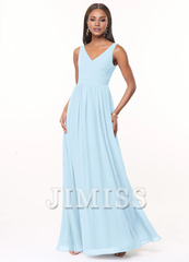 A-line V-neck pleated chiffon and floor length bridesmaid dress - Jimiss Dress