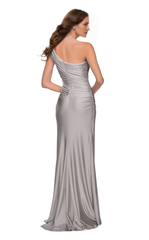 Asymmetric collar sleeveless tight corset with side slits and floor length evening gown