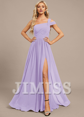 A-line off-the-shoulder one-shoulder floor-length chiffon pleated evening gown