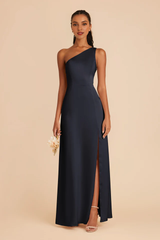 One shoulder collar fully lined trumpet shaped mermaid slit bridesmaid dress
