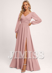 Ruffled A-line V-neck Floor-length Chiffon Bridesmaids Dress