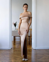 Jimiss - Off Shoulder Collar Satin Sleeveless Back and Floor length Prom Dress