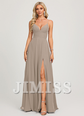 A-line V-neck pleated floor-length chiffon prom dress