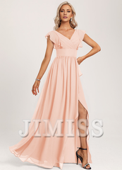 Ruffled A-line V-neck Floor-length Chiffon Bridesmaids Dress
