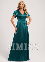 A-Line V-Neck Floor-Length Stretch Satin Bridesmaids Dress