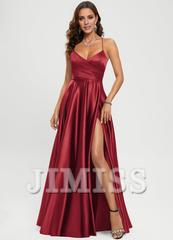 A-line V-neck floor-length satin prom dress
