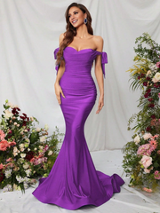 Mermaid off shoulder knot side fold front and floor length formal dresses