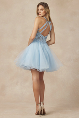 Lace applique short illusion hanging neck dress