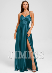 A-line V-neck floor-length pleated satin prom dress