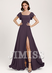 Ruffled A-Line Square Floor-Length Chiffon Bridesmaids Dress