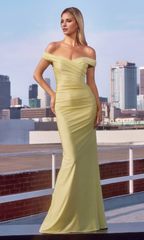 Jimiss off shoulder pleated satin backless and floor length evening dress