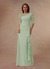 A-line boat collar lace chiffon and floor length mother of the bride dress