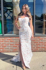 Sweetheart White Lace Slit Evening Mermaid Prom Dresses