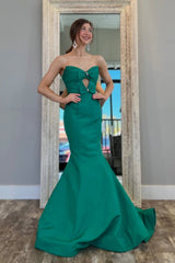 Mermaid Strapless Green Satin Keyhole Long Prom Dresses